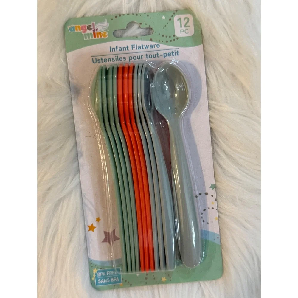 Angel of Mine Infant Flatware 12 Piece BPA Free Plastic Spoons Green Orange Grey